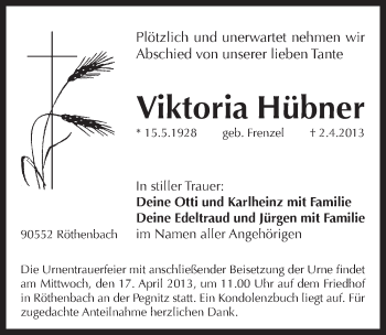 Traueranzeige von Viktoria Hübner von Pegnitz-Zeitung